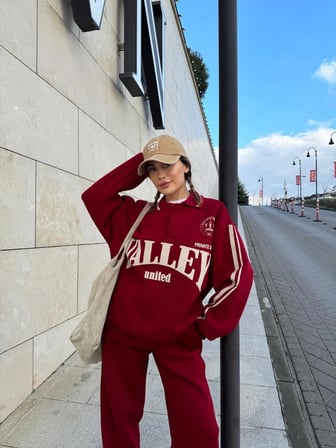 Kruzo Kadın Bordo Yakalı Sweat Baggy Pantolon Takım