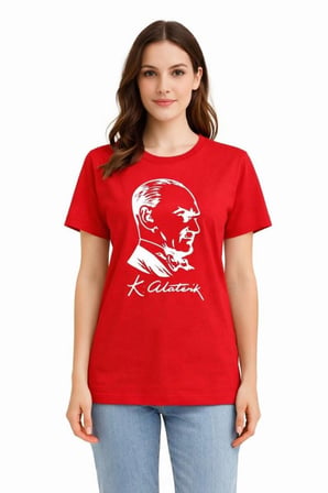 Echo Kadın Atatürk Baskılı Tişört Kısa Kollu Bisiklet Yaka T-Shirt - Kırmızı-Beyaz