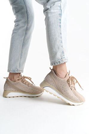 New Alya Bağcıklı Taş Detaylı Kadın Bej Spor Ayakkabı