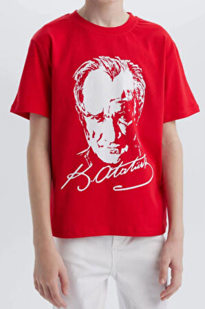 Kırmızı Beyaz Atatürk Baskılı Unisex Çocuk Tişört