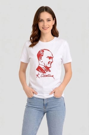 Echo Kadın Atatürk Baskılı Tişört Kısa Kollu Bisiklet Yaka T-Shirt - Beyaz-Kırmızı