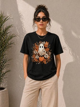Kadın Siyah Balkabağı Hayalet Figürlü Tişört - Sevimli Karakter Baskılı Yazlık Kısa Kollu T-Shirt
