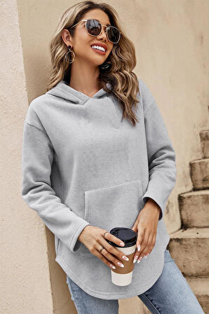 Kadın Kapüşonlu Kargo Cepli Yuvarlak Etek Sweatshirt Hoodie 8122 2010