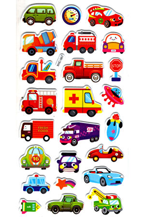Sticker Kabartmalı Stiker Çıkartma Etiket (XHC067)-18x9 cm- Sevimli Arabalar