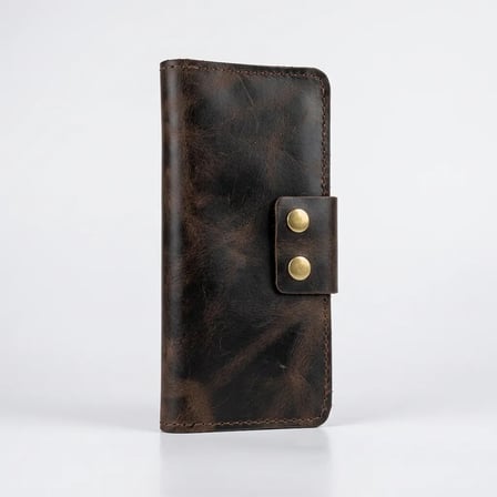 %100 Hakiki Deri Çıtçıtlı El Portföyü Cüzdan Telefon Bölmeli Cüzdan - 9x19 cm Acı Kahve