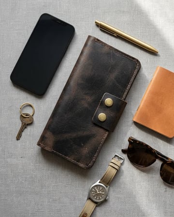 %100 Hakiki Deri Çıtçıtlı El Portföyü Cüzdan Telefon Bölmeli Cüzdan - 9x19 cm Acı Kahve