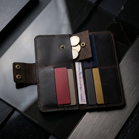 %100 Hakiki Deri Çıtçıtlı El Portföyü Cüzdan Telefon Bölmeli Cüzdan - 9x19 cm Acı Kahve