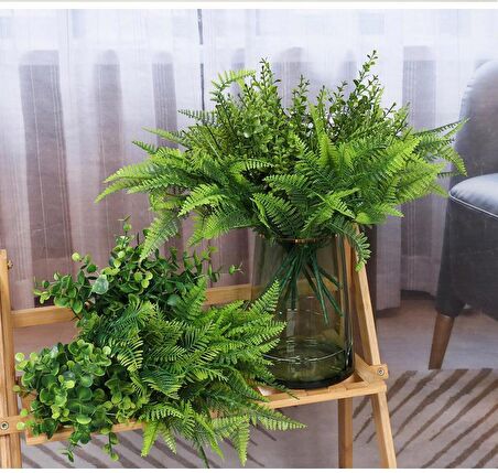 6lı set Yapay Çiçek Fesleğen Şimşir Boston Saz Demeti 5dal Garnitür Aradal Dekoratif Yapay Bitki