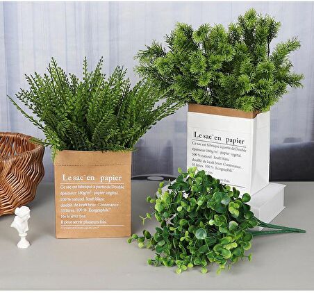 6lı set Yapay Çiçek Fesleğen Şimşir Boston Saz Demeti 5dal Garnitür Aradal Dekoratif Yapay Bitki