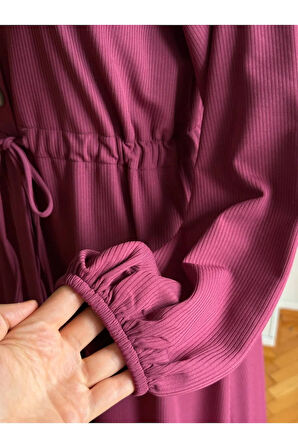 Şardonlu Bel Bağlamalı Yarım Pat Örme Elbise 2423 NAVRA |