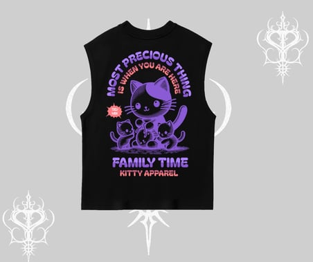 Family Time Yazılı Sevimli Anne Kedi Arka Baskılı Kolsuz Tshirt