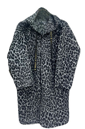 Kapşonlu Leopar Desenli Uzun Kaşe Ceket