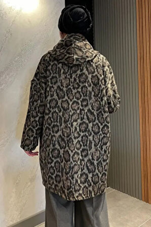 Kapşonlu Leopar Desenli Uzun Kaşe Ceket