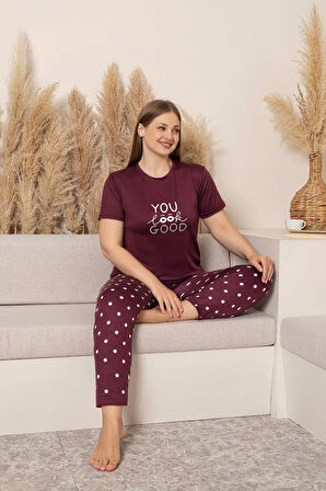 Kadın Bisiklet Yaka Düğmesiz Battal Kesim Viskon Yazlık Kısa Kol Büyük Beden Pijama Takımı