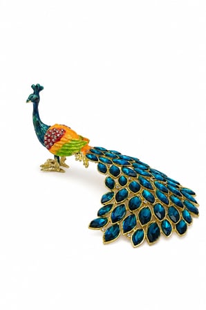 Kristal Taşlı Metal Tavus Kuşu Biblo 18x10 cm Dekoratif Hediyelik Masa ve Salon Süsü Lüks Ev Dekoru
