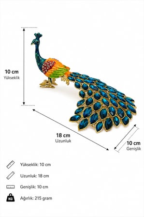 Kristal Taşlı Metal Tavus Kuşu Biblo 18x10 cm Dekoratif Hediyelik Masa ve Salon Süsü Lüks Ev Dekoru
