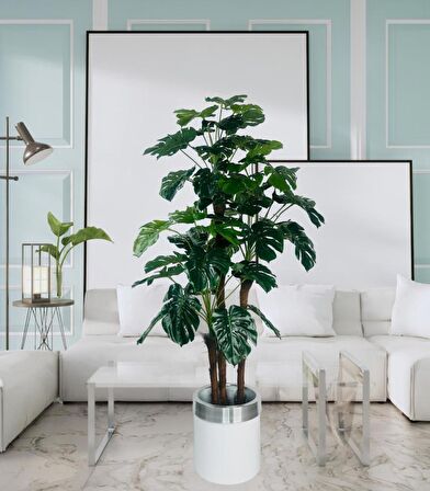 Yapay Çiçek Monstera Yeşil Deve Tabanı 3Katlı 135cm 54Yaprak Gümüş Kemerli Beyaz Saksıda Yapay Bitki