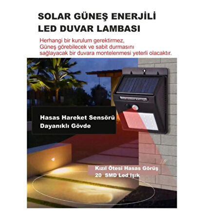 gaman 20 Led karanlık ve Hareket Sensörlü Güneş Enerjili Solar Duvar Lambası Bahçe Aydınlatması