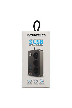 Akım Korumalı 3`lü Priz 3 Port 2.1a Usb Şarj Girişi 2 Metre Kablo