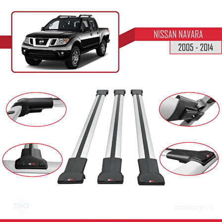 Nissan Navara 3 (D40) 2005-2014 Arası ile Uyumlu FLY Model Ara Atkı Tavan Barı Gri 3 Adet