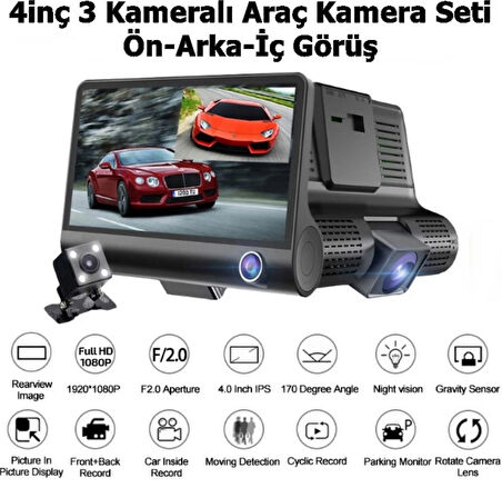 1080p Full HD 4'' Büyük Ekranlı Araç içi Kamera 3 Kameralı (Ön Görüş-Geri görüş-İç Görüş) Gece Görüş