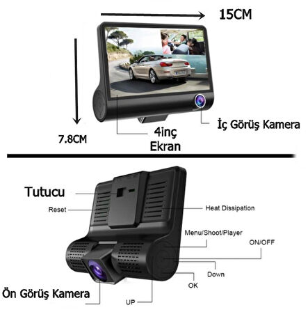 1080p Full HD 4'' Büyük Ekranlı Araç içi Kamera 3 Kameralı (Ön Görüş-Geri görüş-İç Görüş) Gece Görüş