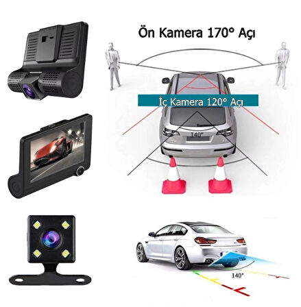 1080p Full HD 4'' Büyük Ekranlı Araç içi Kamera 3 Kameralı (Ön Görüş-Geri görüş-İç Görüş) Gece Görüş