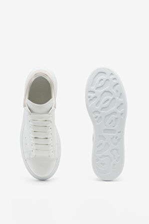 Kadın Kalın Tabanlı Deri Sneakers - Beyaz/Pudra | 40