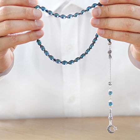 Ayyıldız Kararmaz Metal Püsküllü Arpa Kesim Turkuaz Ateş Kehribar Tesbih