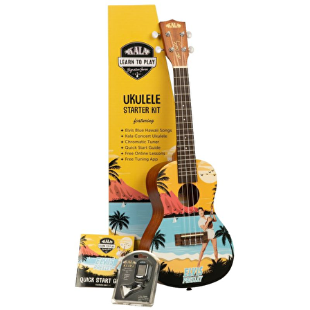 Kala Elvis Blue Hawaii Concert Ukulele Eğitim Seti