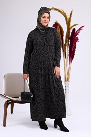 Kadın Büyük Beden Leopar Desenli Anne Elbisesi Kışlık