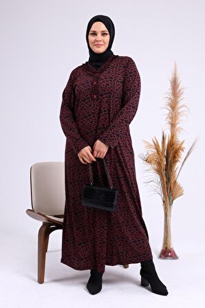 Kadın Büyük Beden Leopar Desenli Anne Elbisesi Kışlık