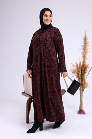 Kadın Büyük Beden Leopar Desenli Anne Elbisesi Kışlık