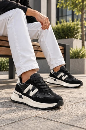 Sandria Siyah Deri ve Süet Detaylı Kalın Tabanlı Erkek Sneakers Ayakkabı