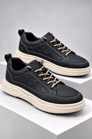 Losta Erkek Siyah Deri Sneaker - Kalın Bej Tabanlı & Desen Detaylı Günlük Ayakkabı