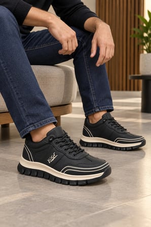 Perra Erkek Siyah Deri Sneaker - Bej Kalın Tabanlı Günlük Spor Ayakkabı