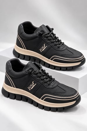 Perra Erkek Siyah Deri Sneaker - Bej Kalın Tabanlı Günlük Spor Ayakkabı