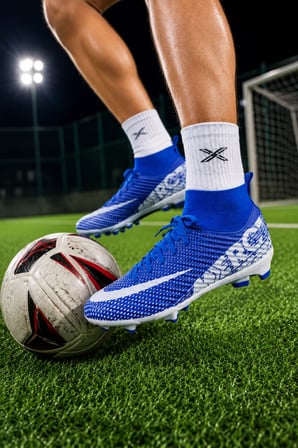 Vortex Futbol Kramponu Çoraplı Bilekli Bağcıklı Dişli Taban Halı Saha ve Çim Saha Krampon –Mavi Beyaz