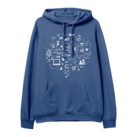 Social Media Baskılı Hoodie-Royal Mavi
