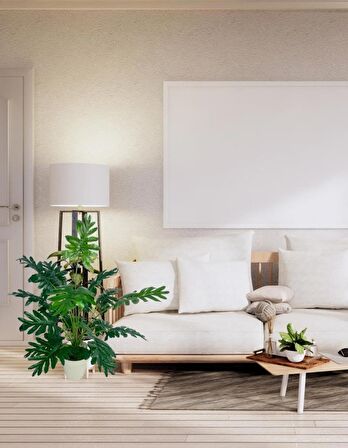 Yapay Ağaç Salon Bitkisi Syngonium 70 cm 18 Yaprak Beyaz Saksıda