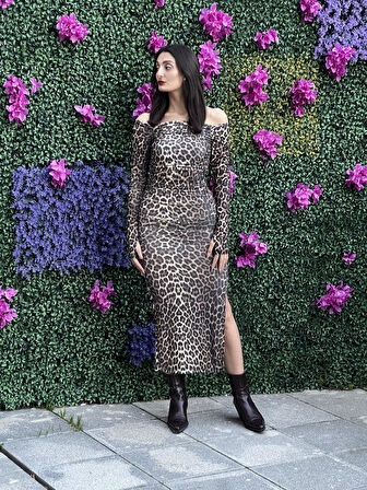 YIRTMAÇLI LİKRALI LEOPAR ELBİSE
