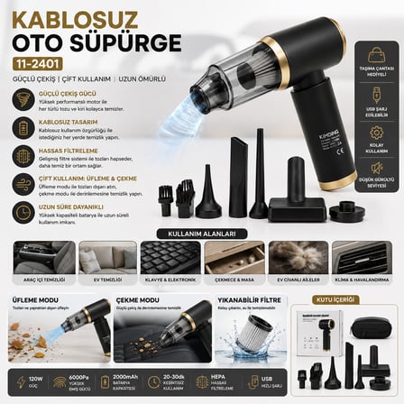 El Tipi Şarjlı Mini Süpürge 2in1 (Çekme & Üfleme) - Oto & Ev