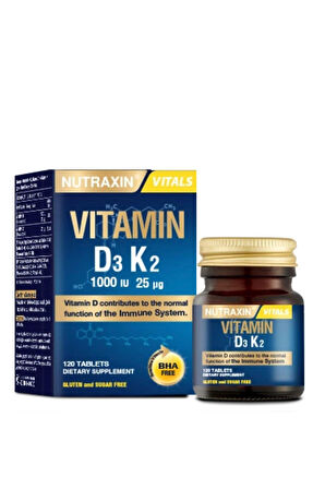 Nutraxin D3K2 120 Tablet - 1000 IU D3 vitamini, 25 mcg K2 vitamini