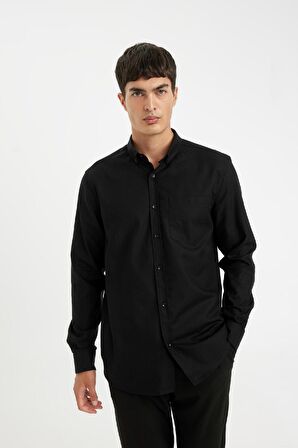 DeFacto %100 Pamuk Regular Fit Polo Yaka Oxford Basic Düz Uzun Kollu Siyah Gömlek A8028AX24AUBK81