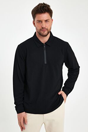 Erkek Polo Yaka Fermuarlı Comfort Fit Sweatshirt Siyah MARS40