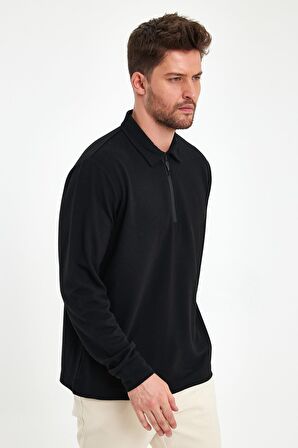 Erkek Polo Yaka Fermuarlı Comfort Fit Sweatshirt Siyah MARS40