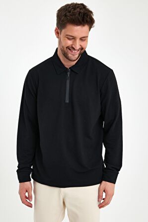 Erkek Polo Yaka Fermuarlı Comfort Fit Sweatshirt Siyah MARS40