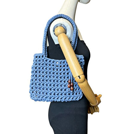 Uretti - Emine 9106 El Örgüsü Ahşap Boncuk Detaylı Penye Kumaş Omuz Çantası - 27 x 21