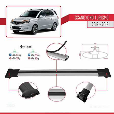 Ssangyong Turismo 2012-2019 Arası ile Uyumlu FLY Model Ara Atkı Tavan Barı Gri 2 Adet