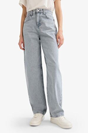 Baggy Fit Yüksek Bel Uzun Jean Yıkamalı Pantolon